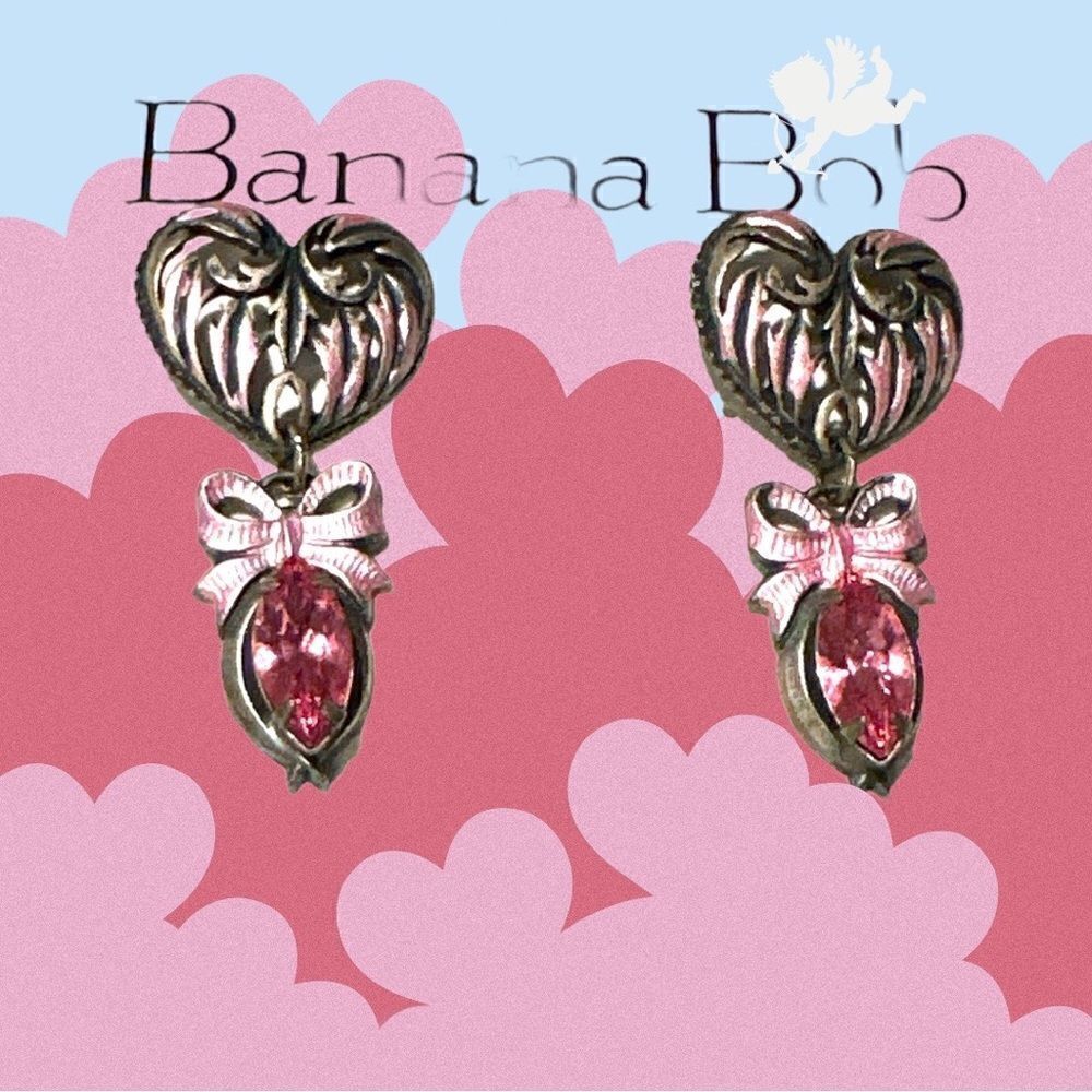 Banana Bob Victorian heart bow silver pink enamel crystal earrings 2” x 1”